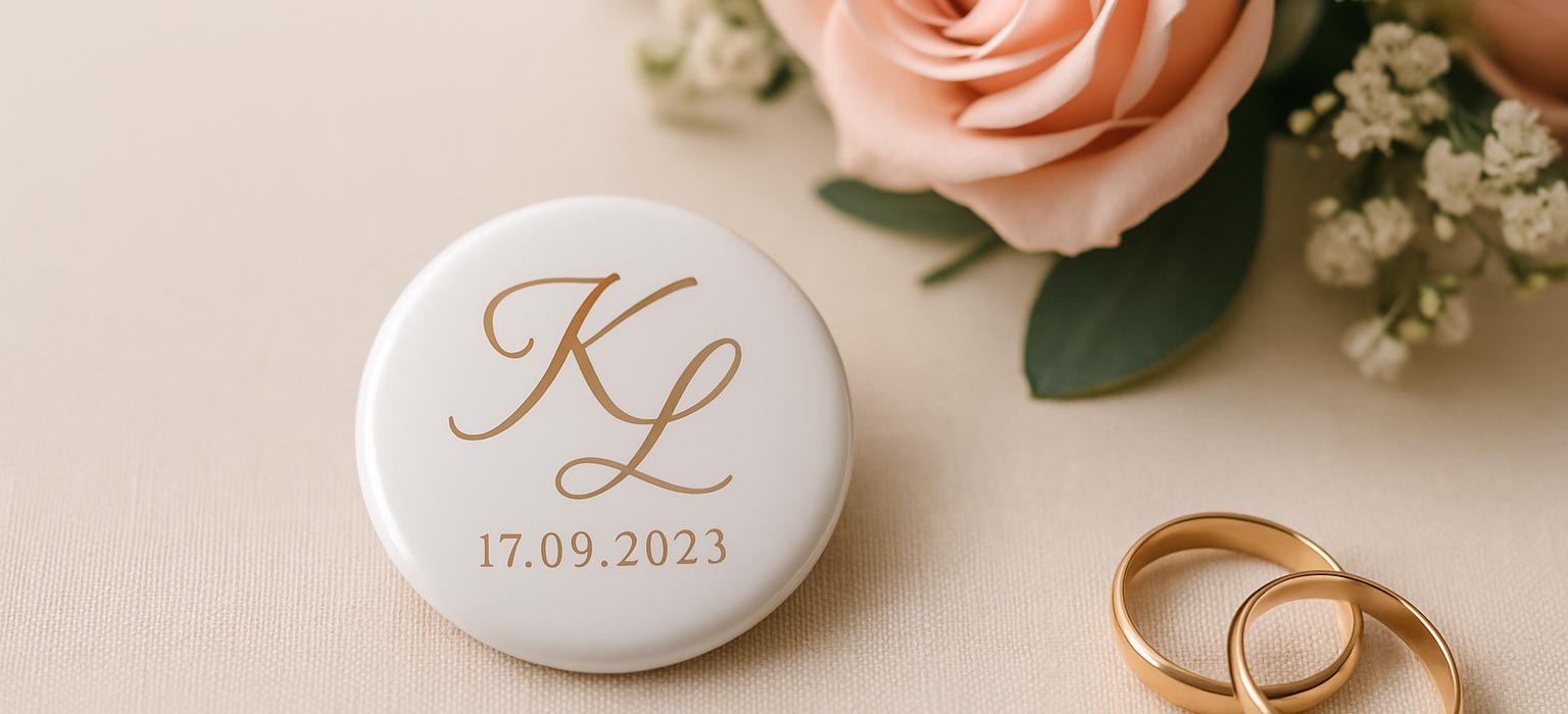 Hochzeitsbutton mit goldener Initiale neben Eheringen und Rose