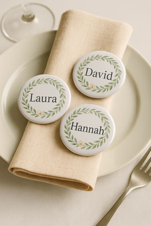 Drei personalisierte Hochzeitsbuttons mit Namen Laura, David und Hannah auf einem Hochzeitstisch